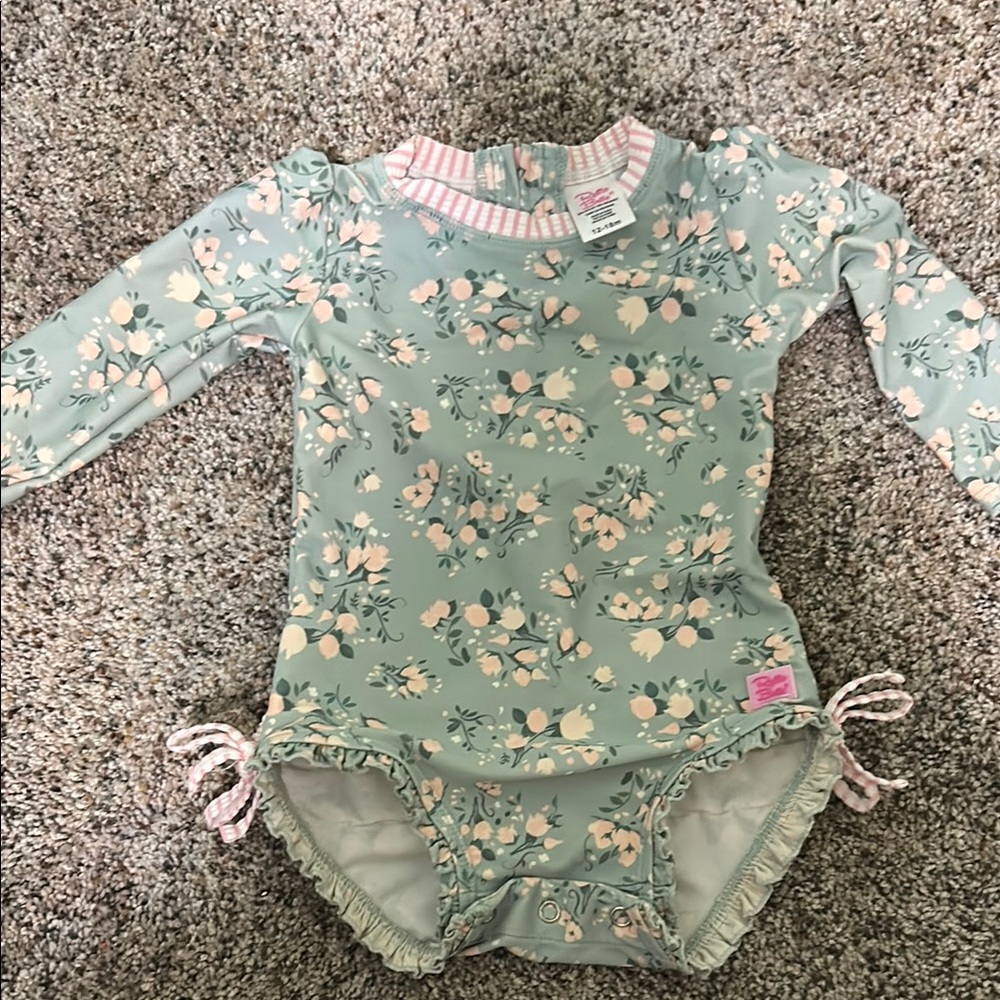 Ruffle Butts Floral Long Sleeve Swimsuit - Green and Pink